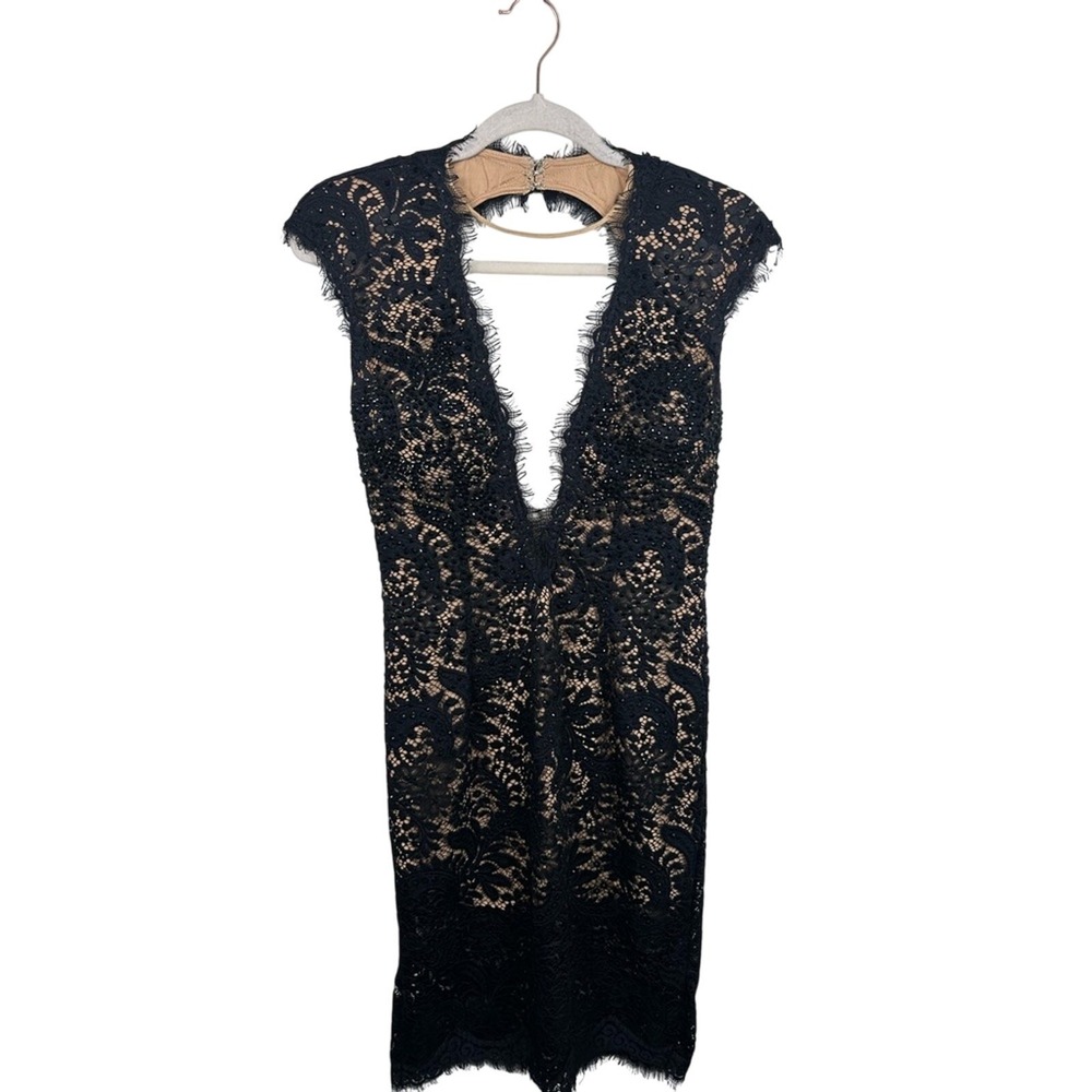 Jovani Black Lace Plunge Sheath Dress with Nude Illusion sz 8
